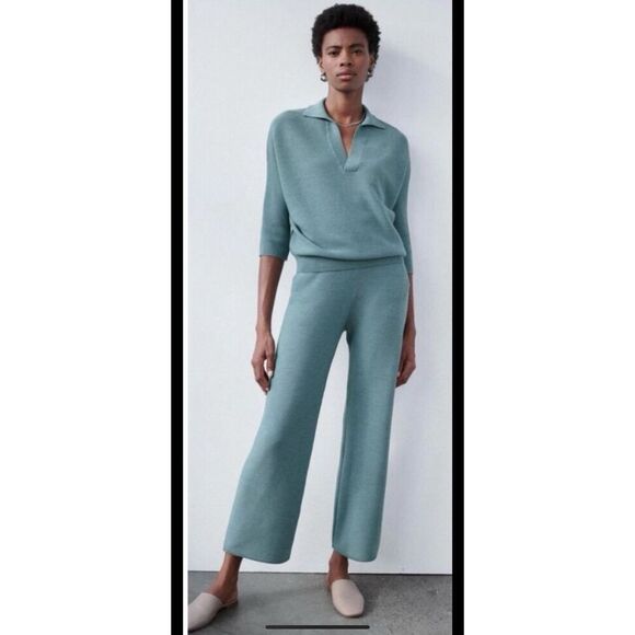 NWT The Reset 100% Wool Wide leg Pant Blue Size Large Pull On Knit $148.00 - Picture 1 of 4